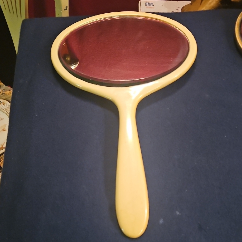 Rare Antique 1920s Pyralin Big Yellow Hand Mirror with Elegant Accents
